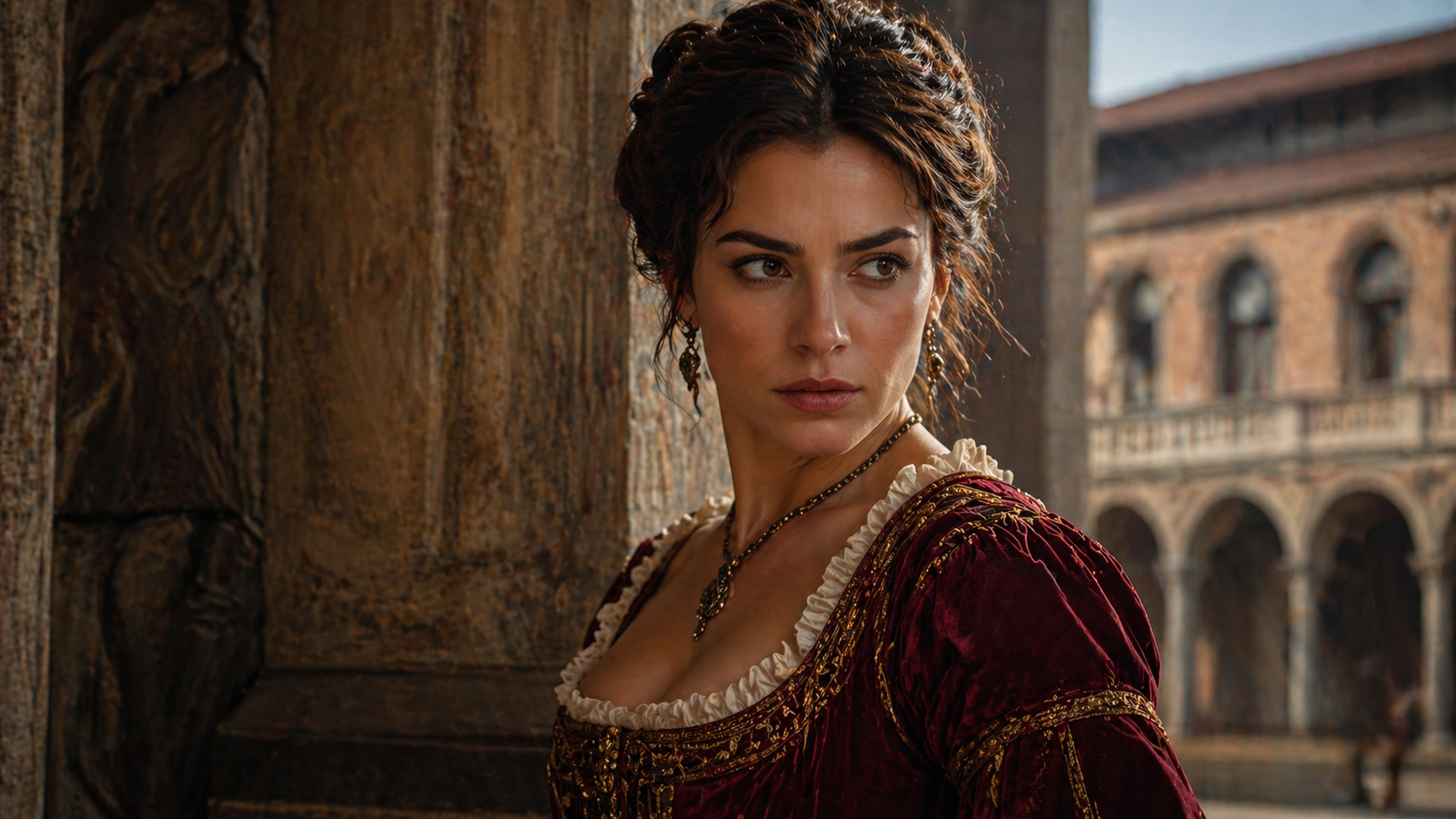 Katherine character analysis showing strong-willed woman in Renaissance attire