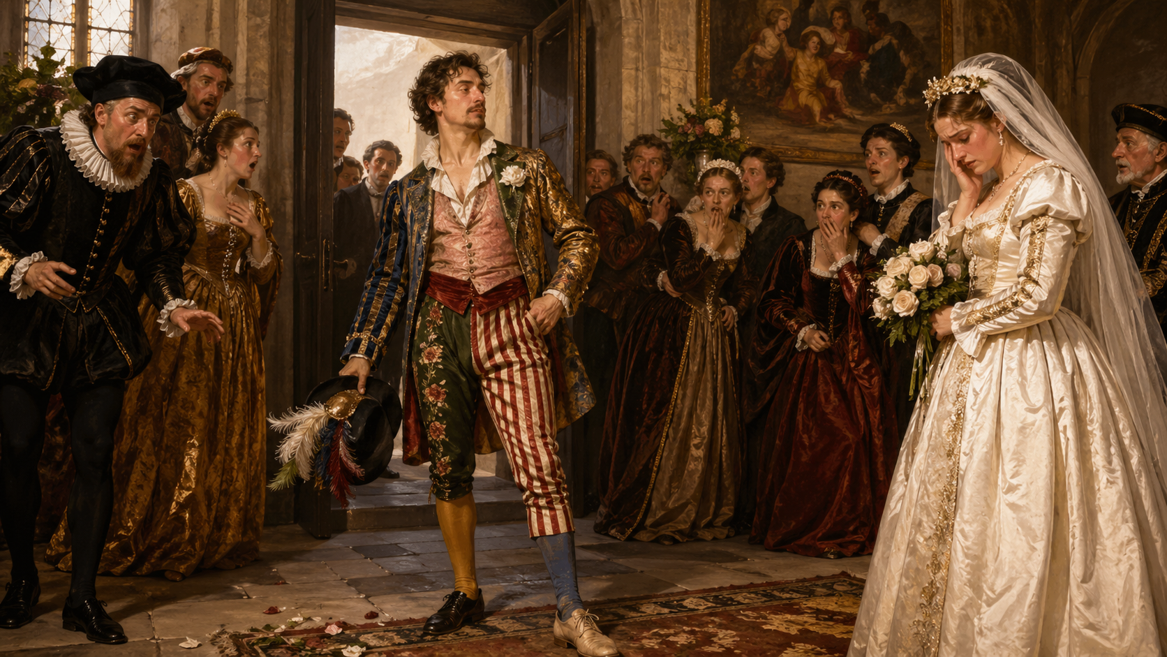 Chaotic wedding scene with Petruchio behaving strangely in The Taming of the Shrew