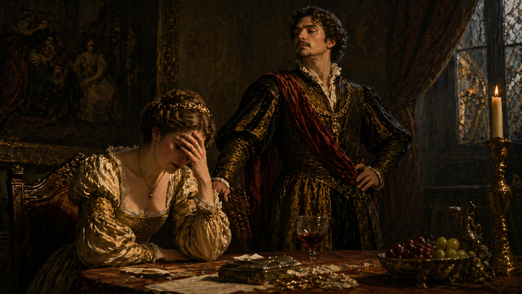 Petruchio asserting control over Katherine during the taming process