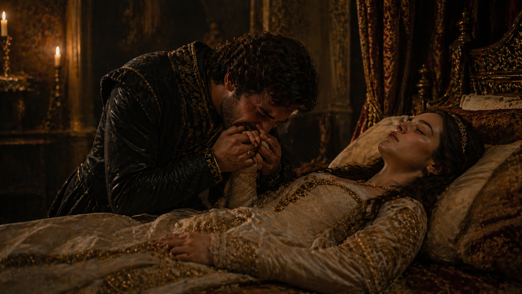 Othello grieving over Desdemona in a tragic final scene