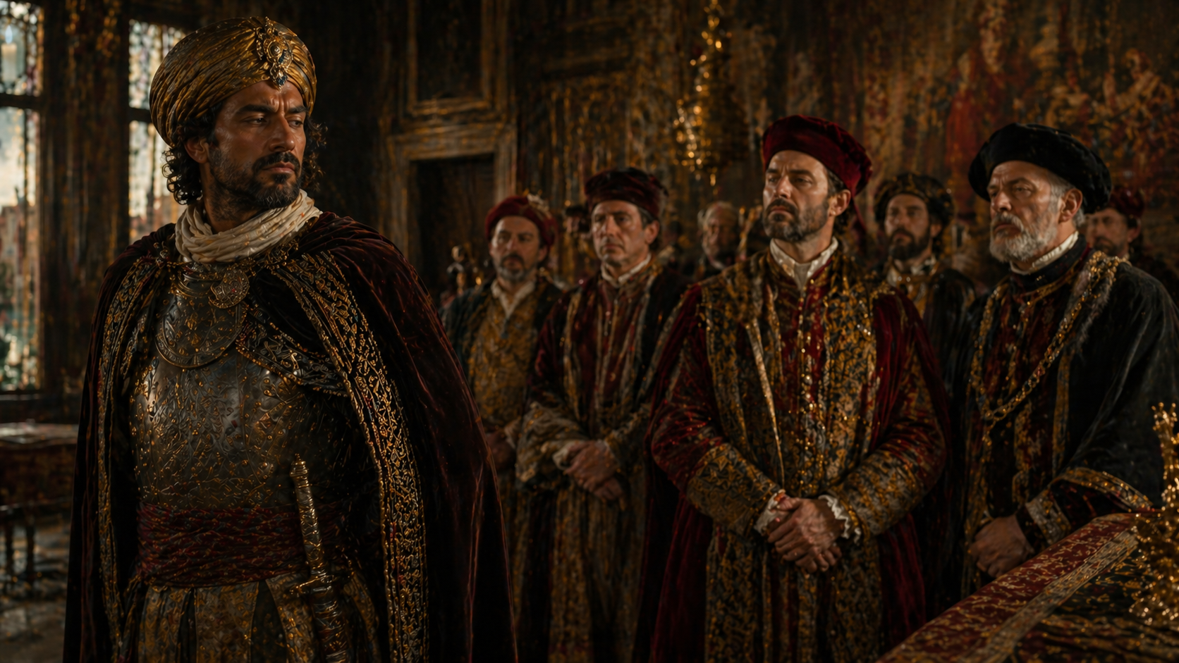 Othello standing apart from Venetian society highlighting racial tension