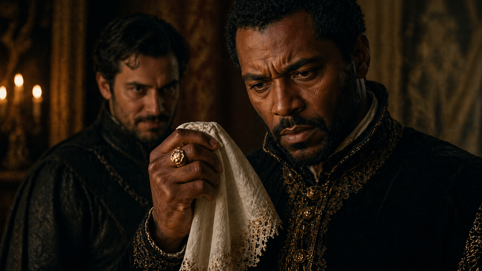 Othello consumed by jealousy confronting Desdemona in emotional turmoil