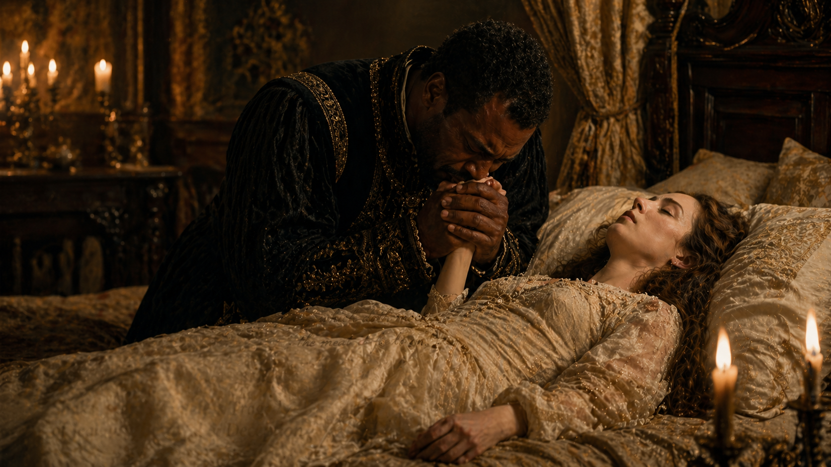 Othello mourning Desdemona after the tragic climax in a dimly lit chamber