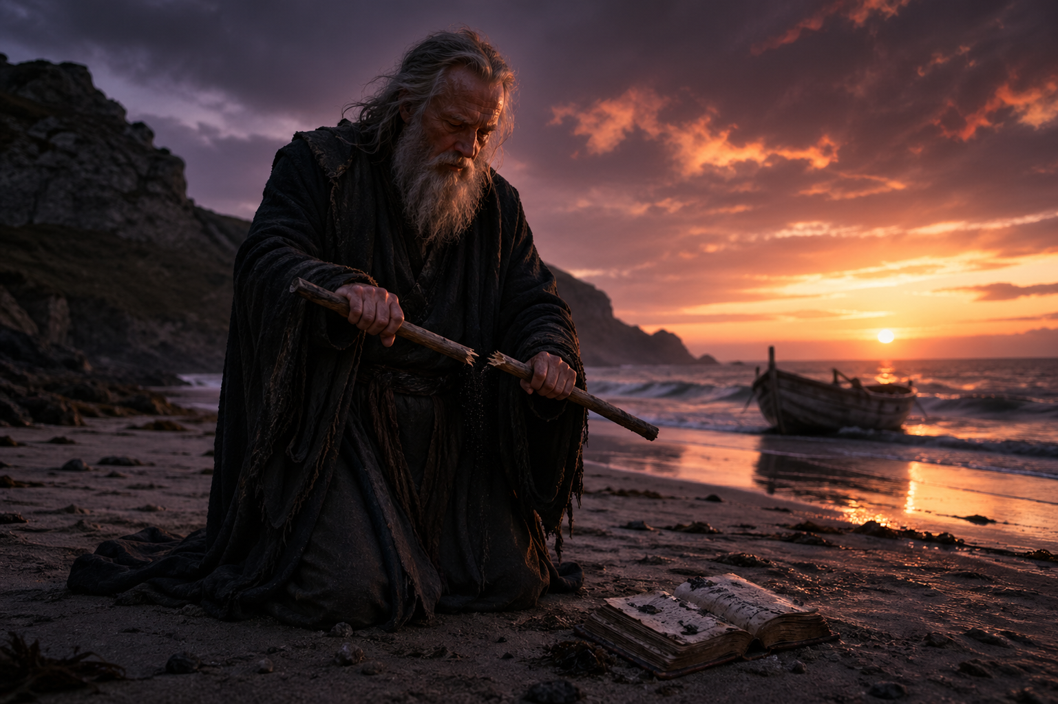Prospero breaking his magic staff on the island shore, symbolizing Shakespeare's farewell to the theater.