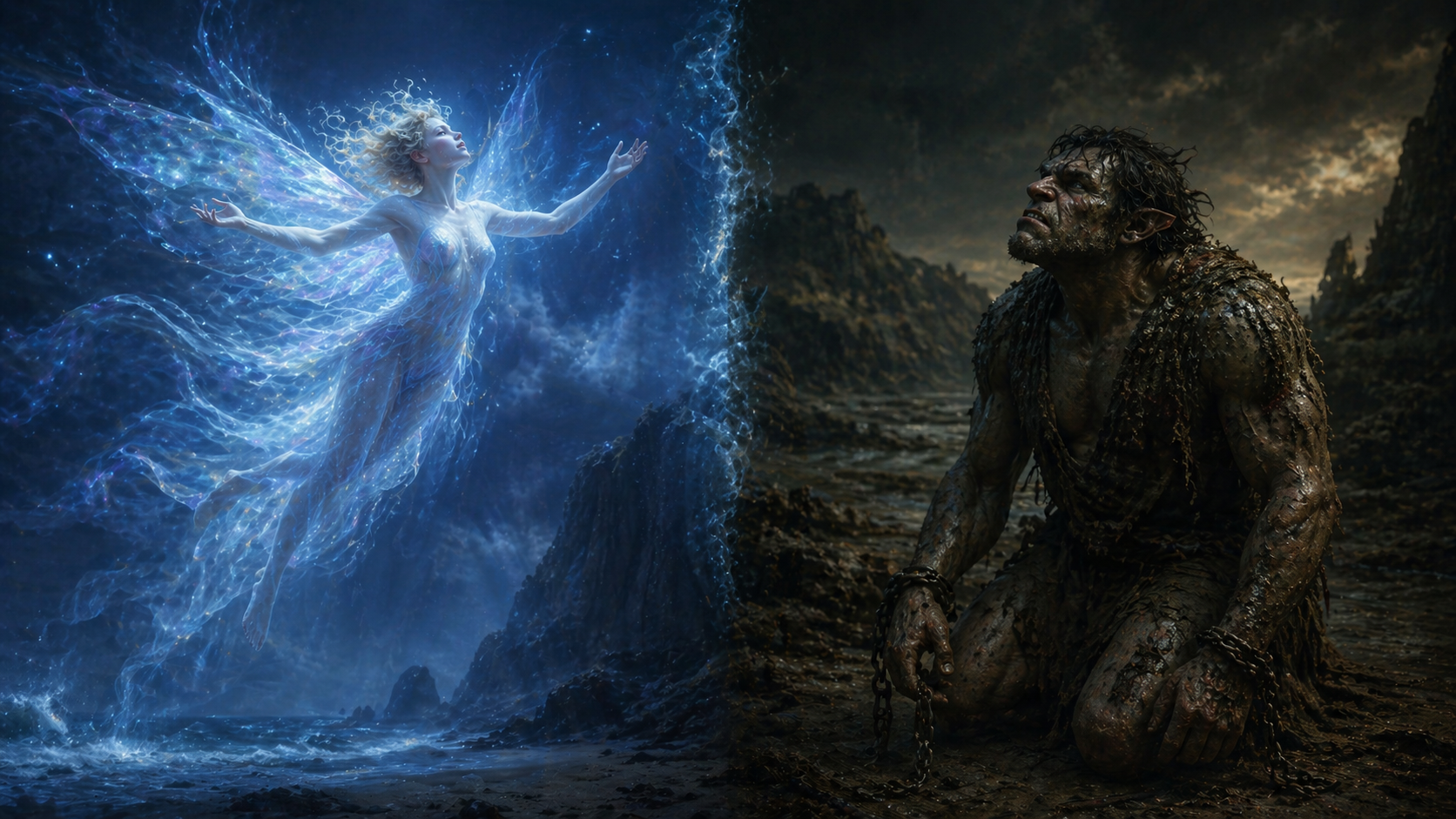 A conceptual art piece contrasting the ethereal spirit Ariel and the earthy slave Caliban from The Tempest.