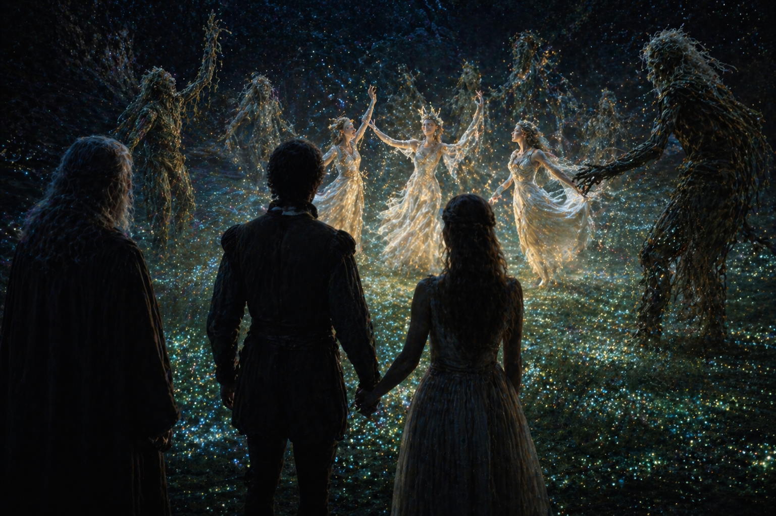 A magical masque performance on the island featuring figures of goddesses and reapers from The Tempest Act 4.