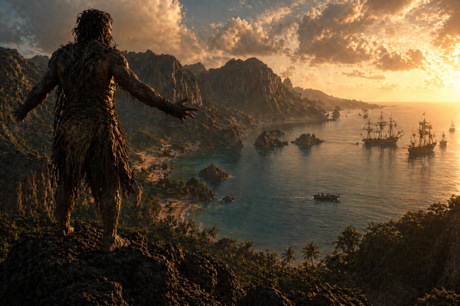 A sweeping landscape of the island with Caliban viewing approaching European ships, illustrating colonial themes in The Tempest.