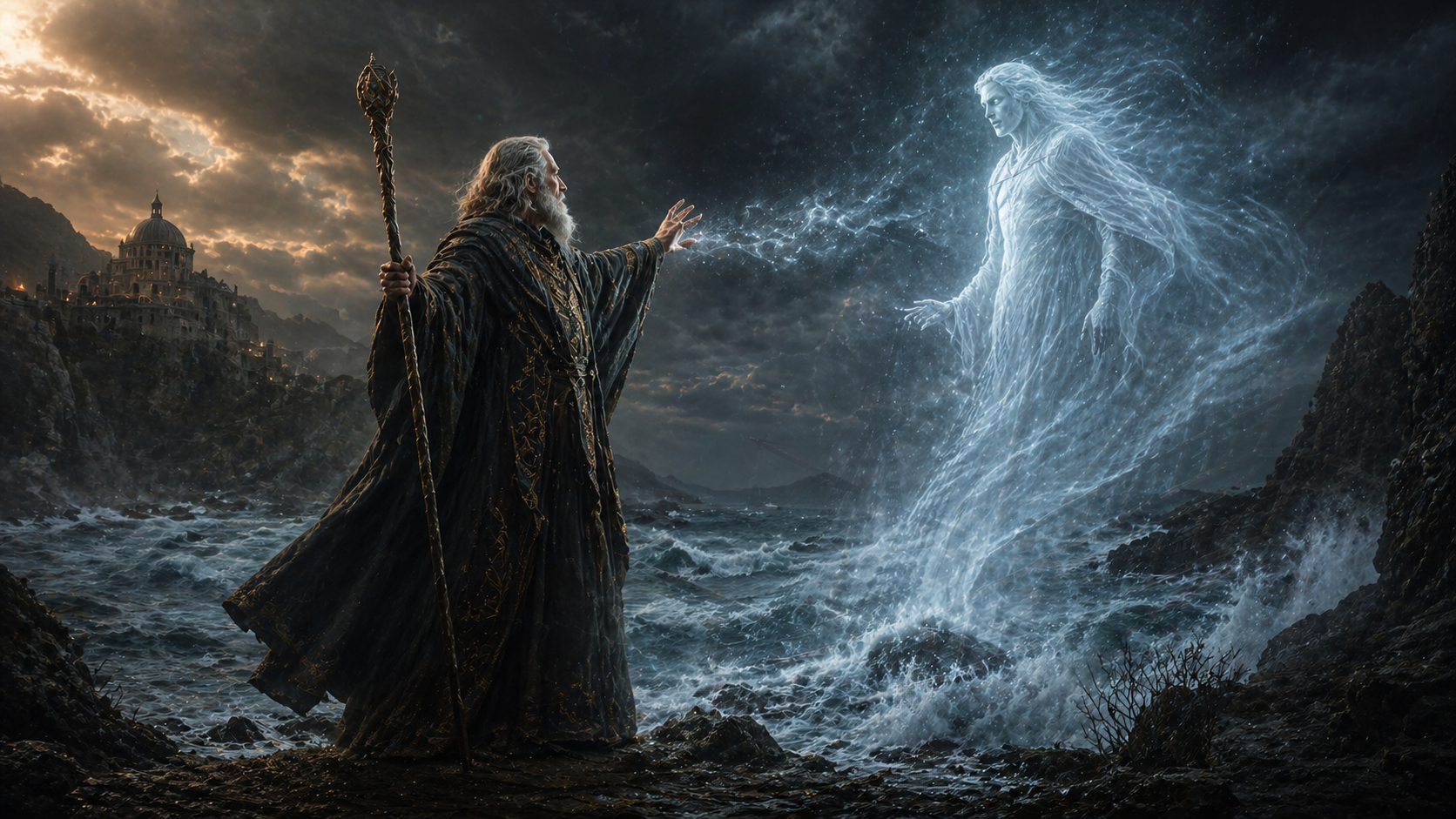 Prospero commanding Ariel on a mysterious island in The Tempest