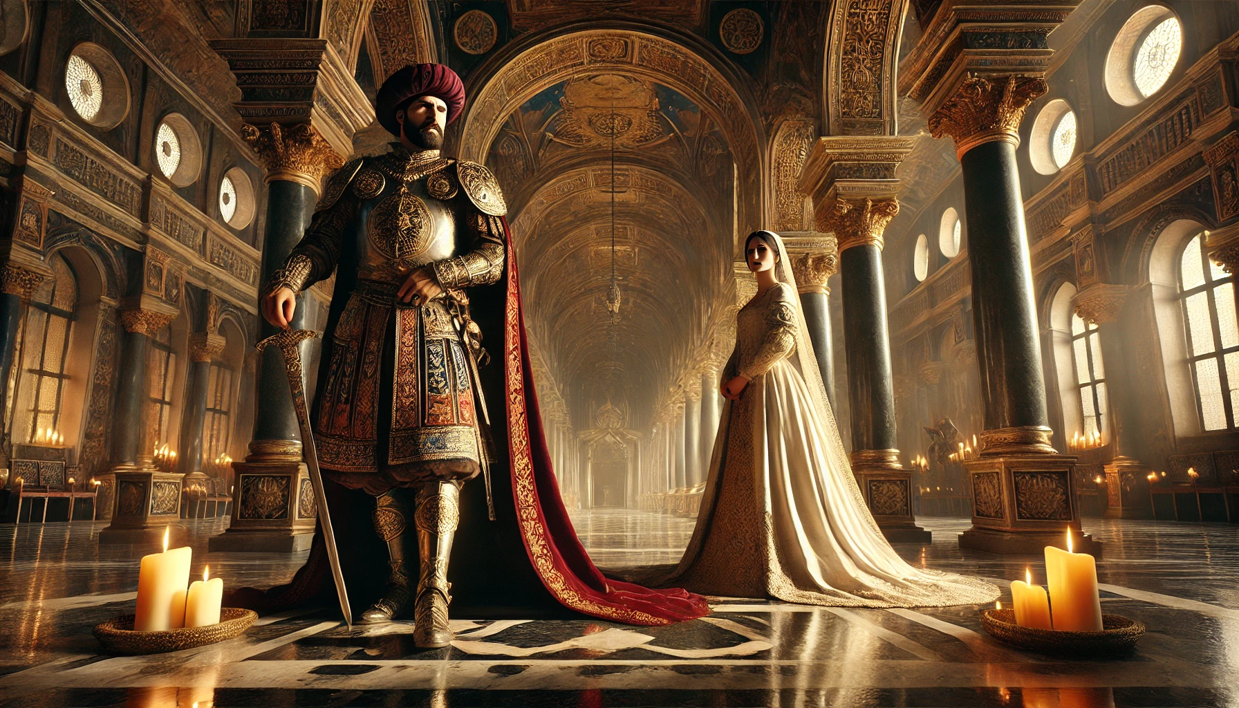 Othello and Desdemona in a Renaissance Venetian setting showing their relationship and status