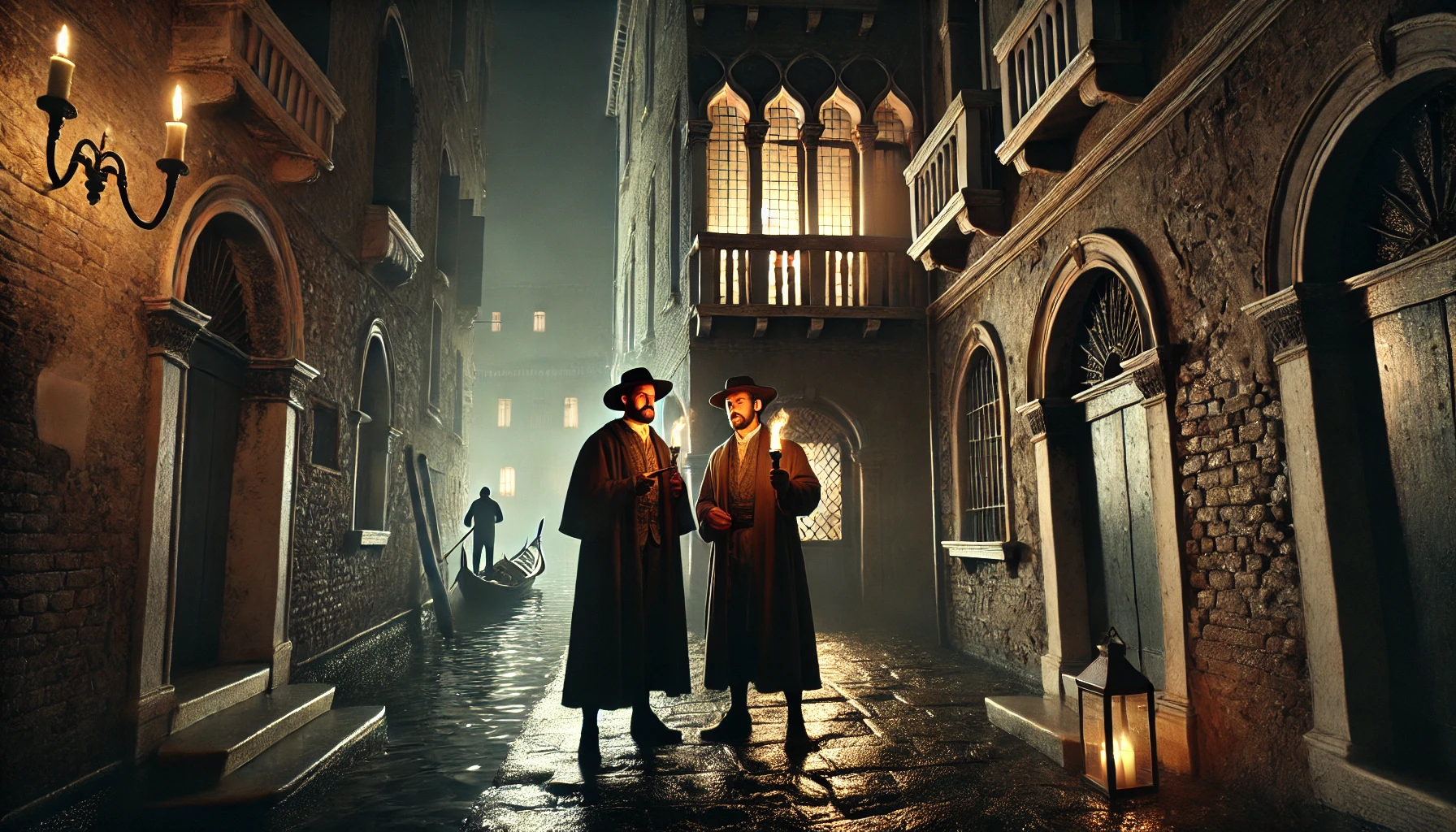 Iago and Roderigo plotting in Venice at night beginning the deception against Othello