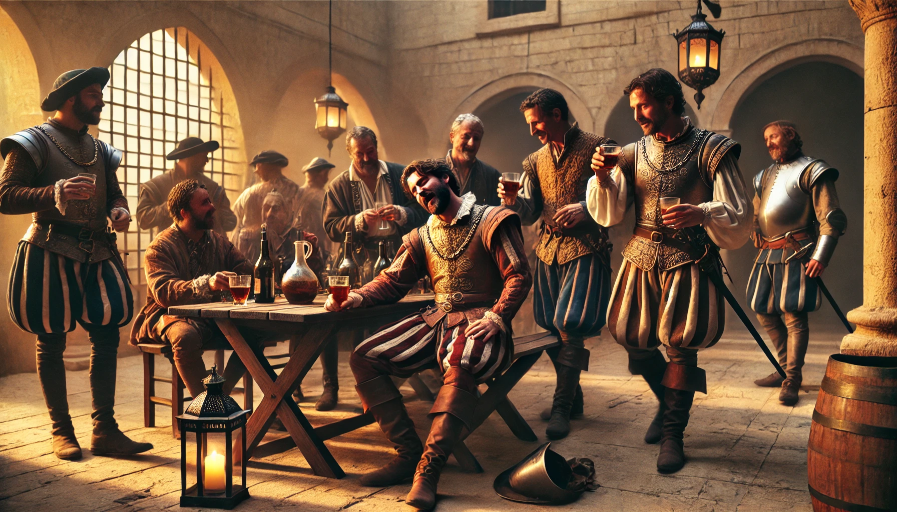 Cassio losing control at a celebration while Iago secretly observes and manipulates events