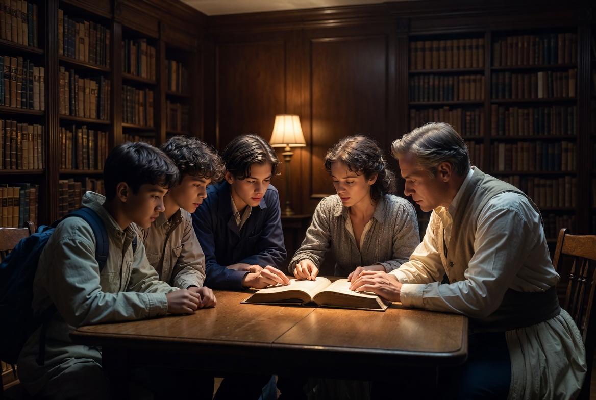 Students and actors reading King Lear guide illustration