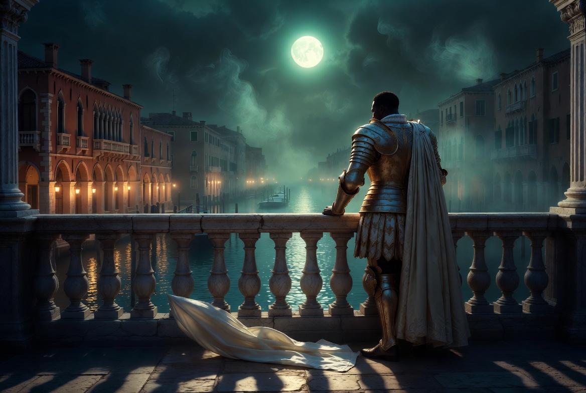 Shakespeare Othello tragedy core scene with handkerchief symbolizing jealousy and betrayal on Venetian balcony