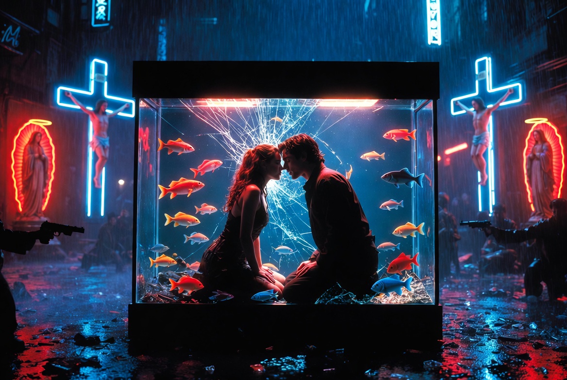 Luhrmann 1996 Romeo and Juliet symbols in modern film adaptation with neon religious and water imagery
