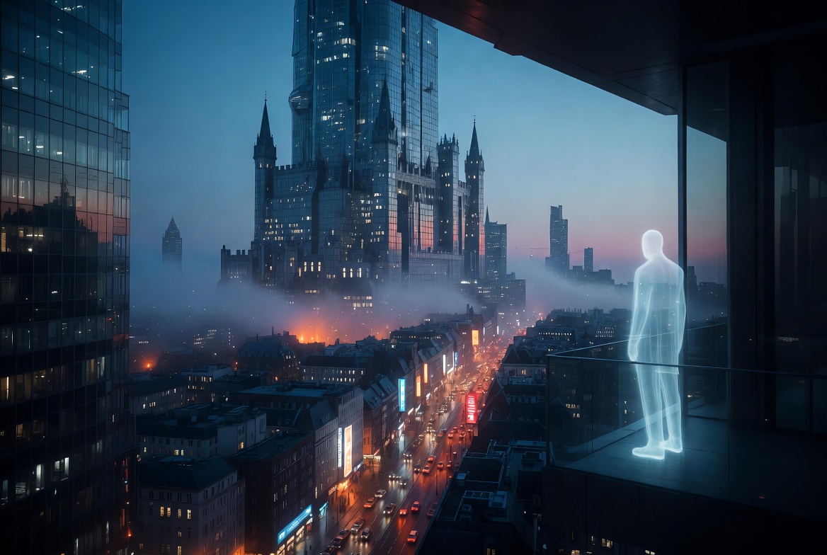 urban hamlet shakespeare modern city skyscrapers merging with elsinore castle ghostly figure on high-rise balcony