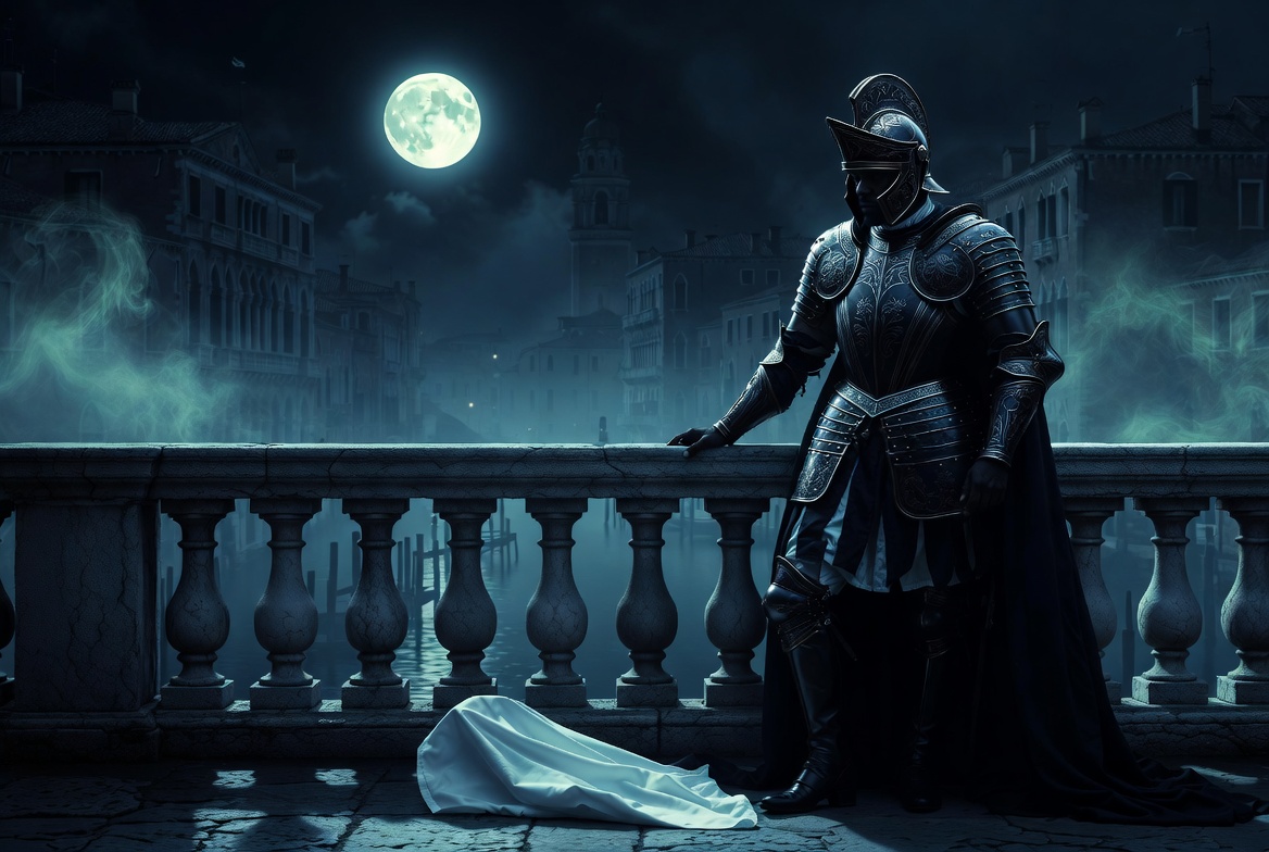 Shakespeare Othello tragedy core scene with handkerchief symbolizing jealousy and betrayal on Venetian balcony