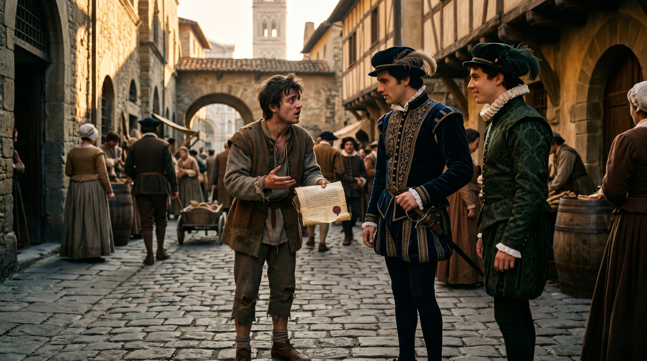 Romeo meeting Capulet servant and learning about the party in Verona street scene