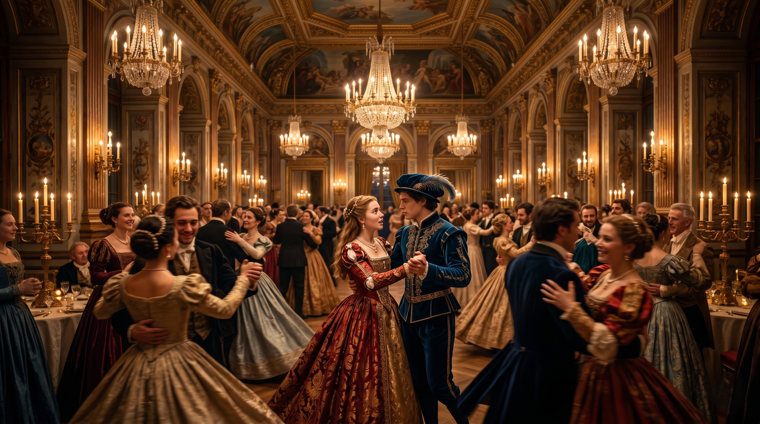 Romeo and Juliet meeting in a grand ballroom ballet scene