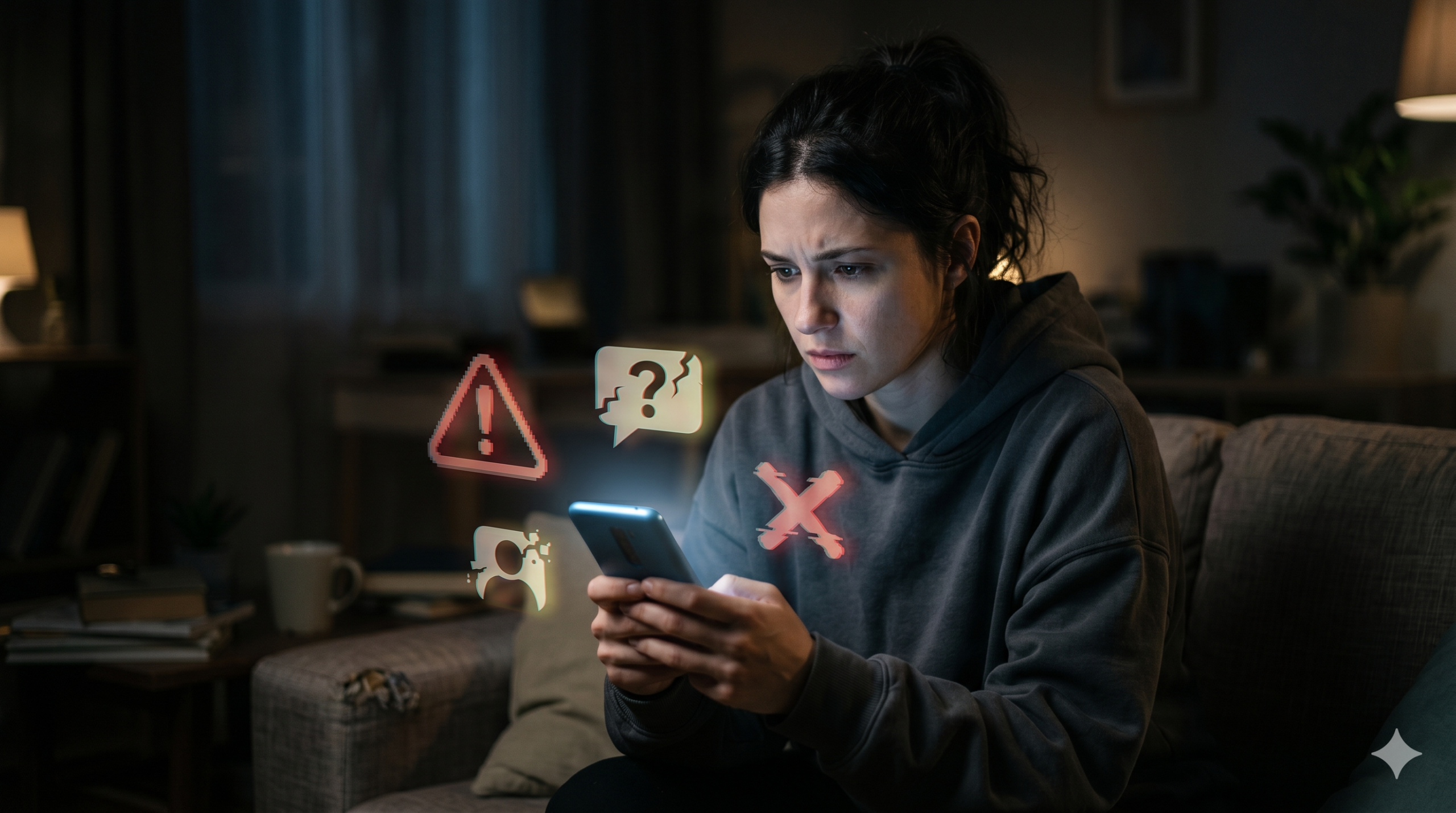 Person overwhelmed by digital misinformation while using a smartphone at night
