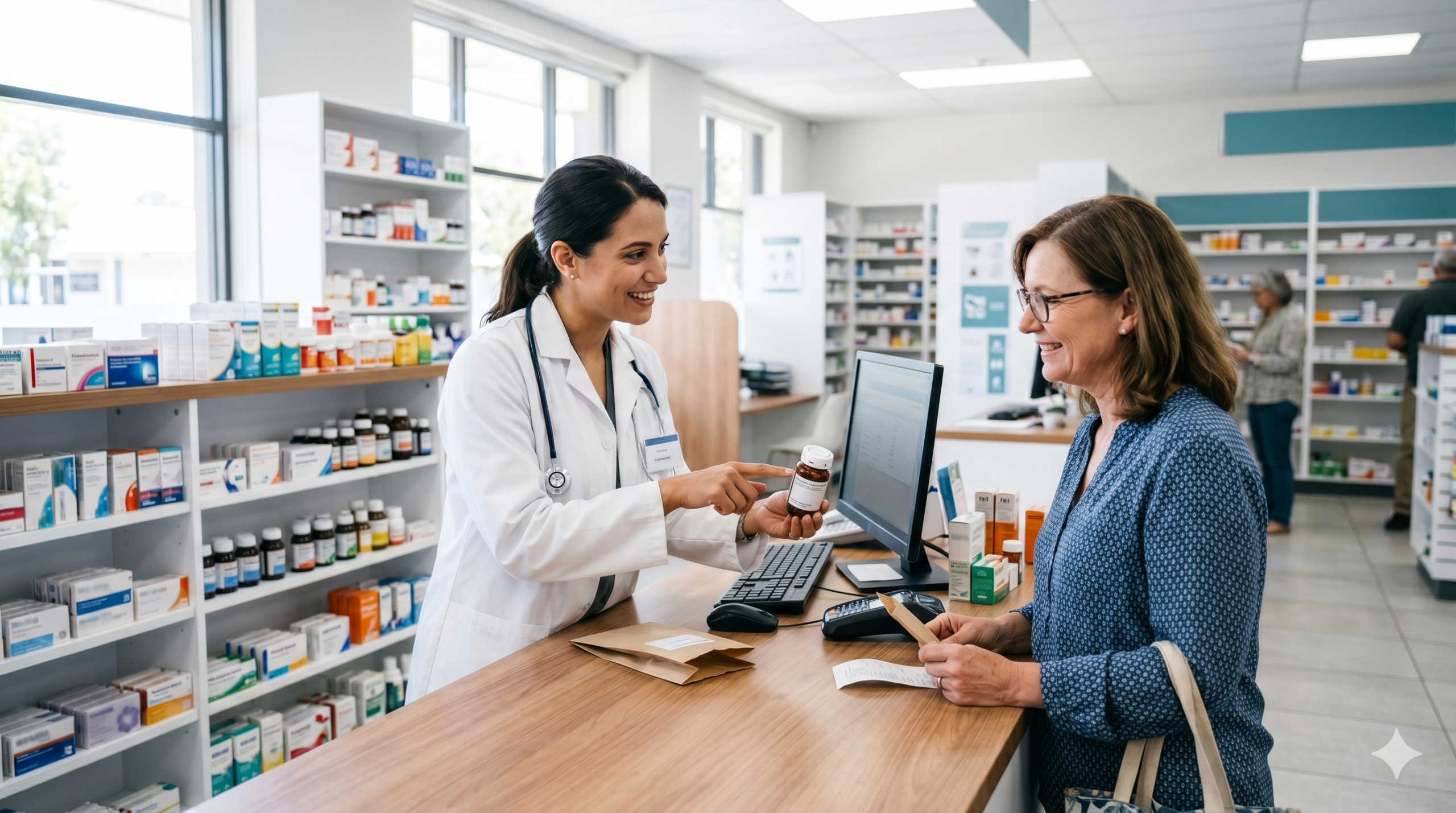Pharmacist explaining medication to a customer in a clean and professional pharmacy