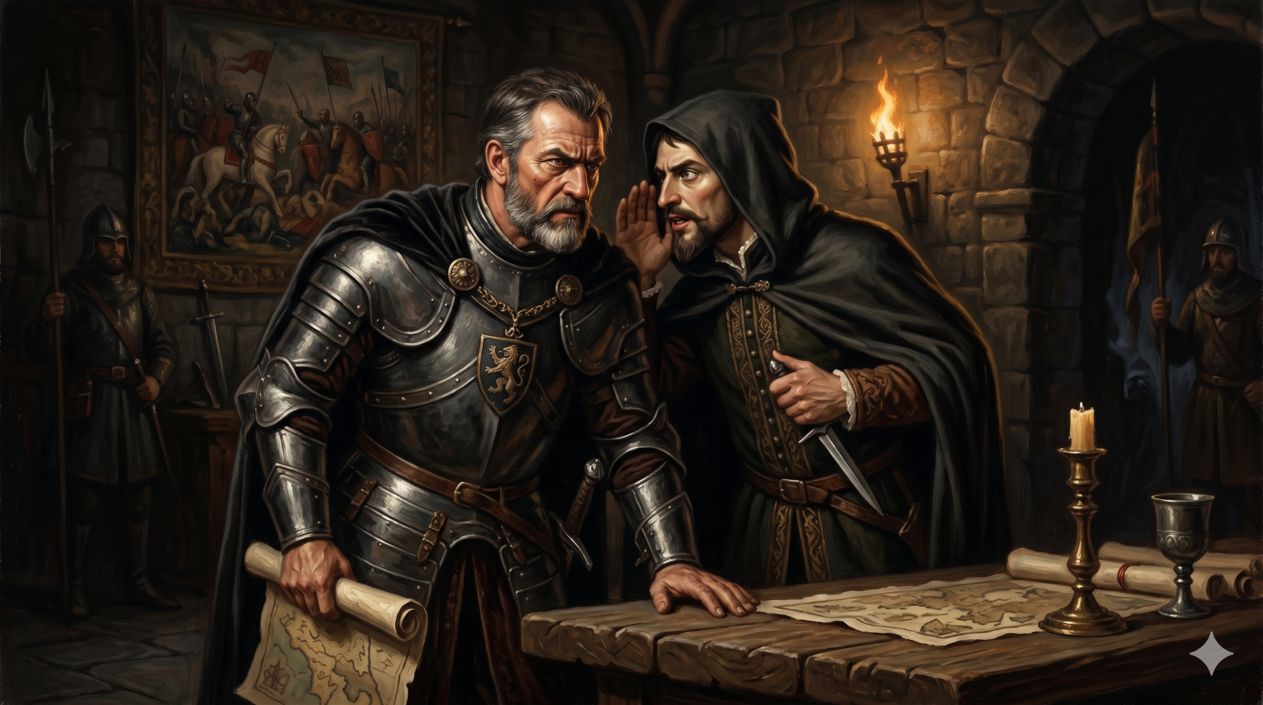 Iago manipulating Othello with subtle deception in a dark Renaissance setting