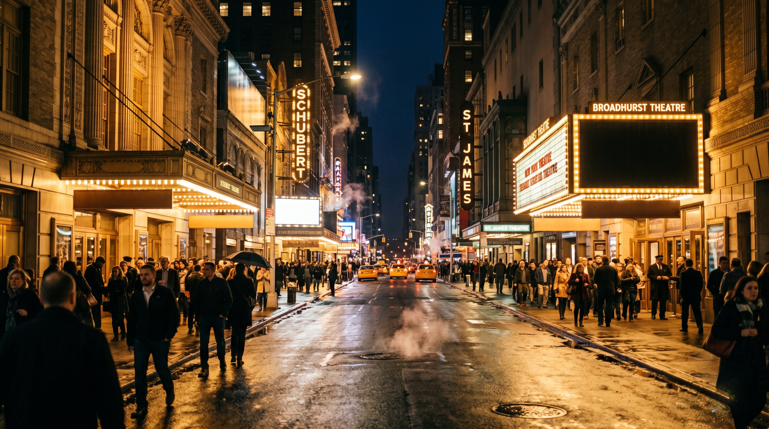 New York theater district at night with audiences heading to performances