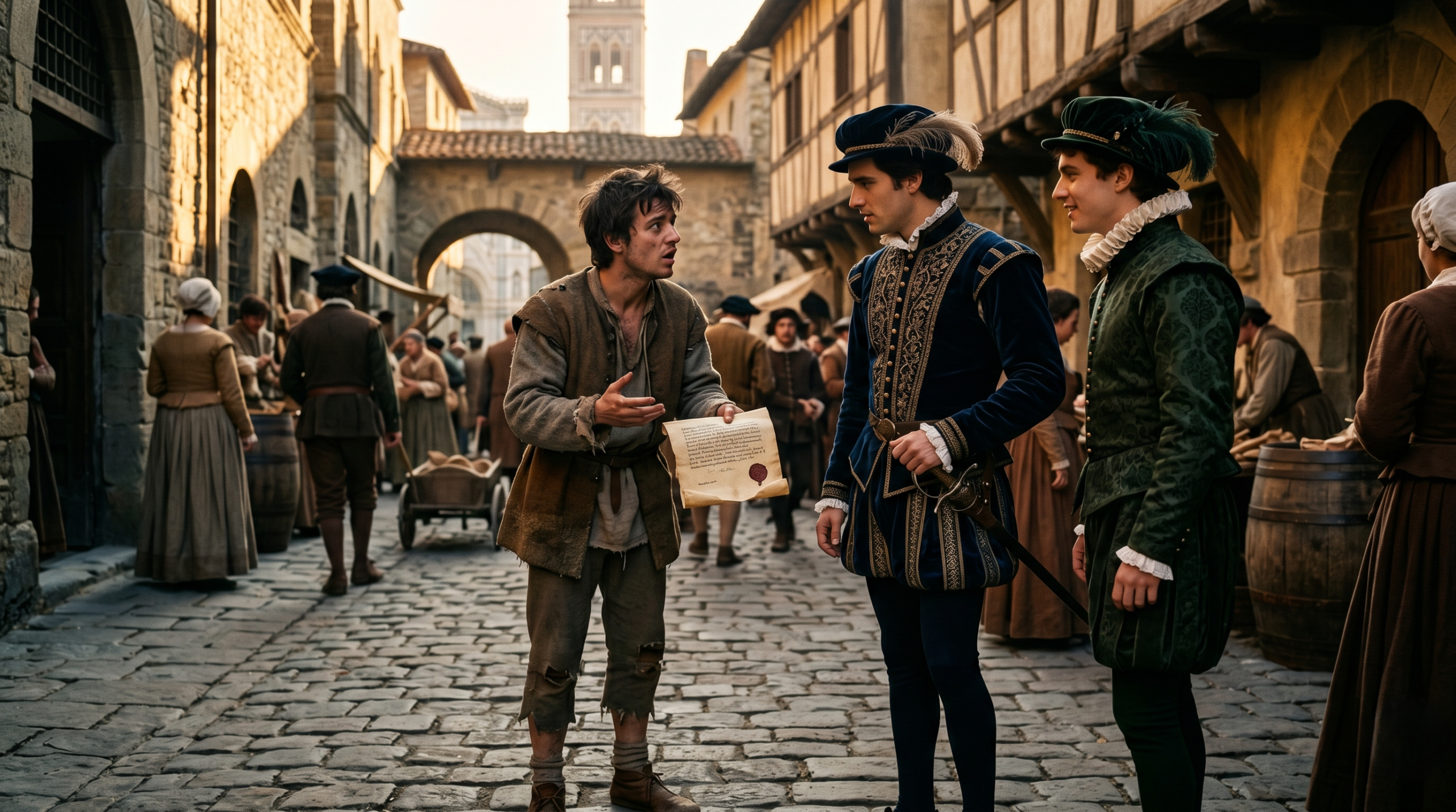 Romeo meeting Capulet servant and learning about the party in Verona street scene