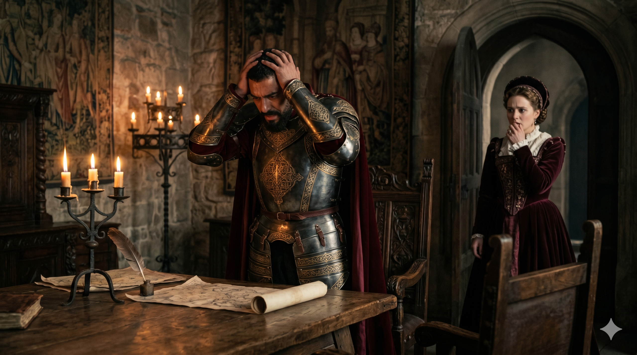 Othello in emotional conflict with Desdemona in a dramatic Renaissance setting