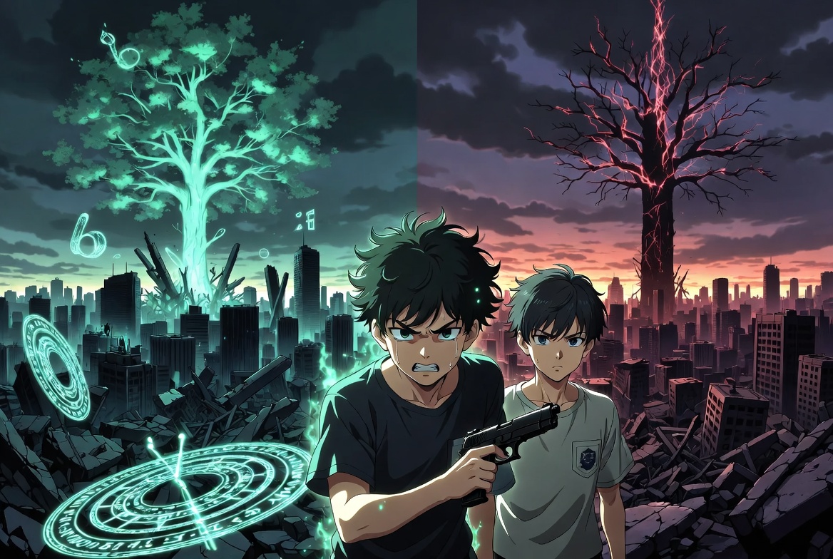 Zetsuen no Tempest protagonists Mahiro and Yoshino in ruined city with Tree of Genesis and Tree of Exodus