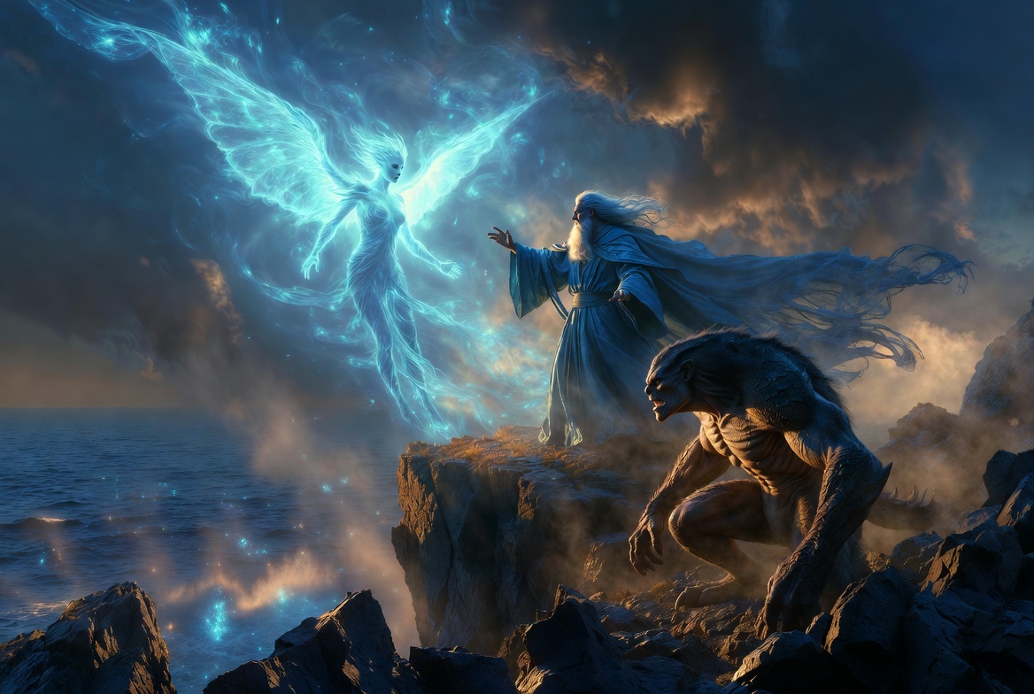 Prospero with Ariel and Caliban showing master-servant dynamics in The Tempest