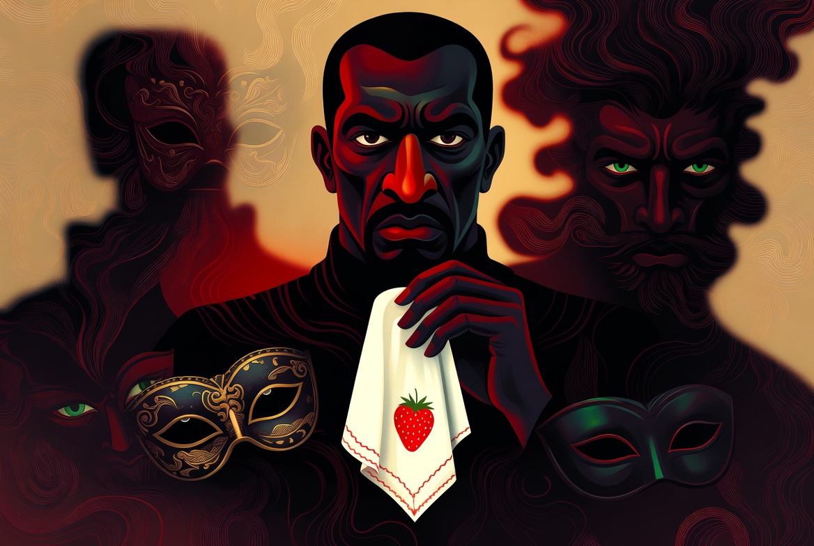 Key themes in Othello outline illustration featuring jealousy, deception, and the symbolic handkerchief from Shakespeare’s tragedy