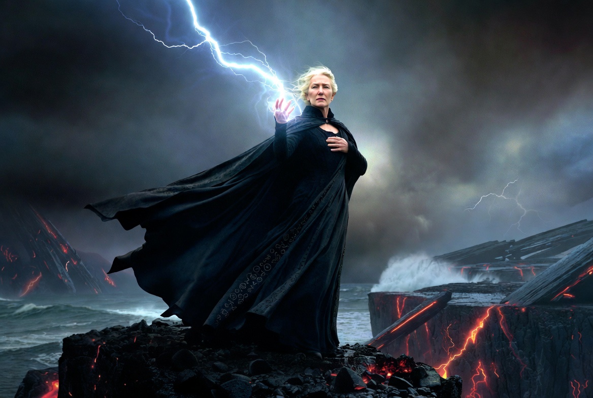 Helen Mirren as Prospera in The Tempest 2010 commanding magic on volcanic cliff