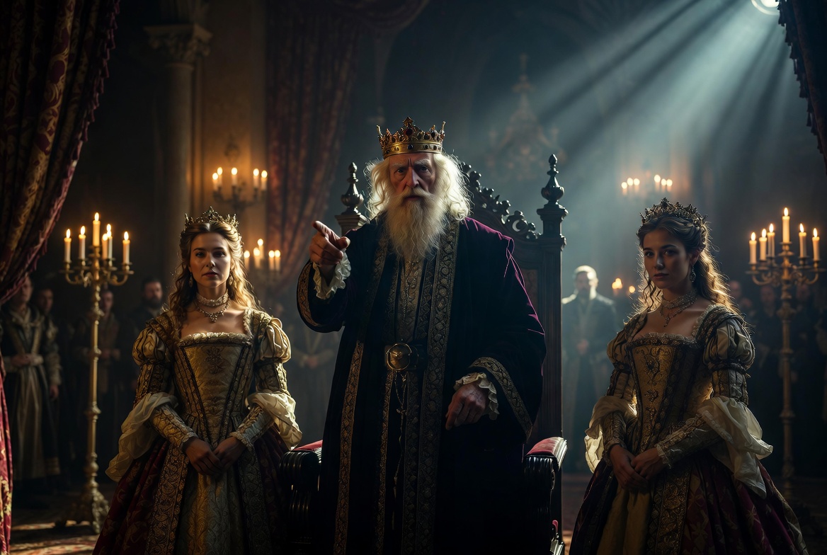 King Lear play Act 1 summary: King dividing kingdom among three daughters in royal court