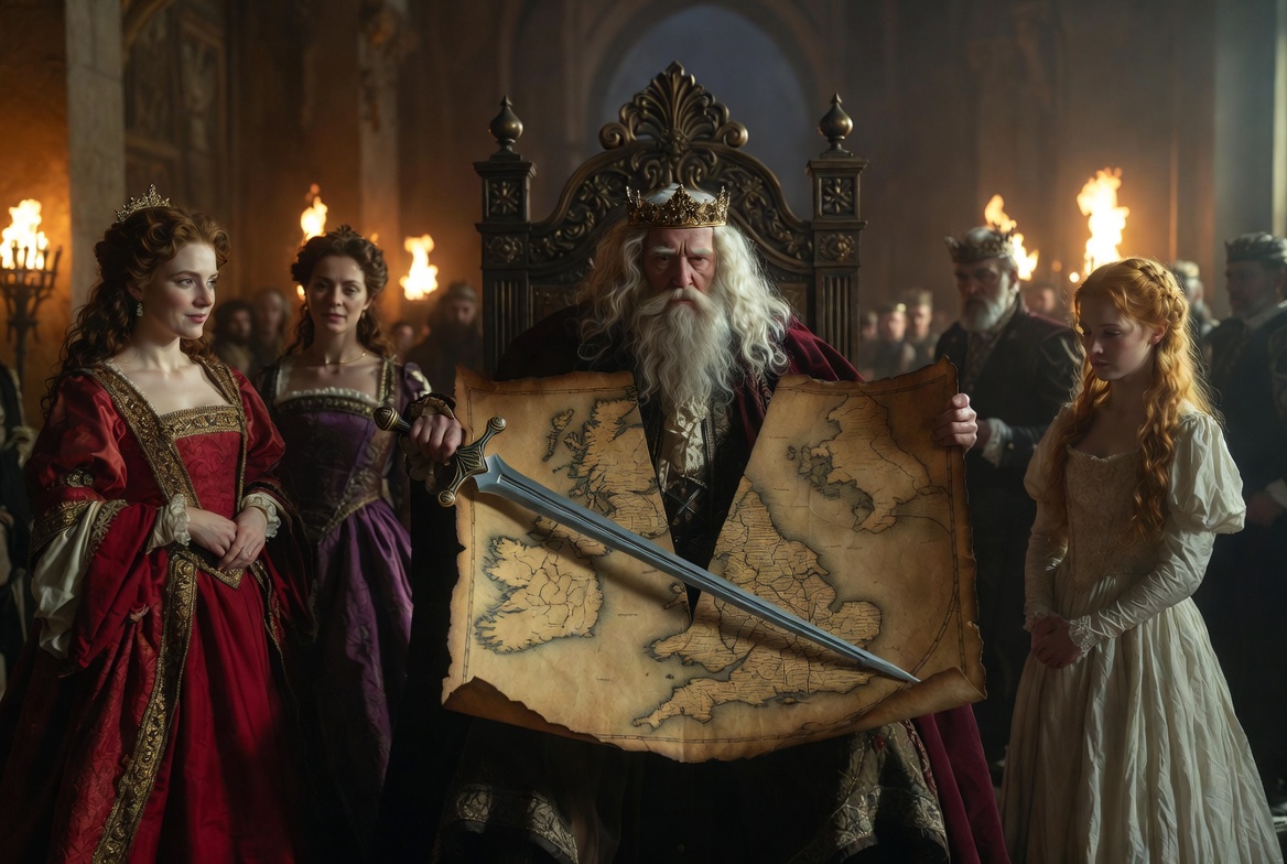 King Lear dividing his kingdom among daughters Goneril, Regan, and Cordelia in Shakespeare’s tragedy plot summary