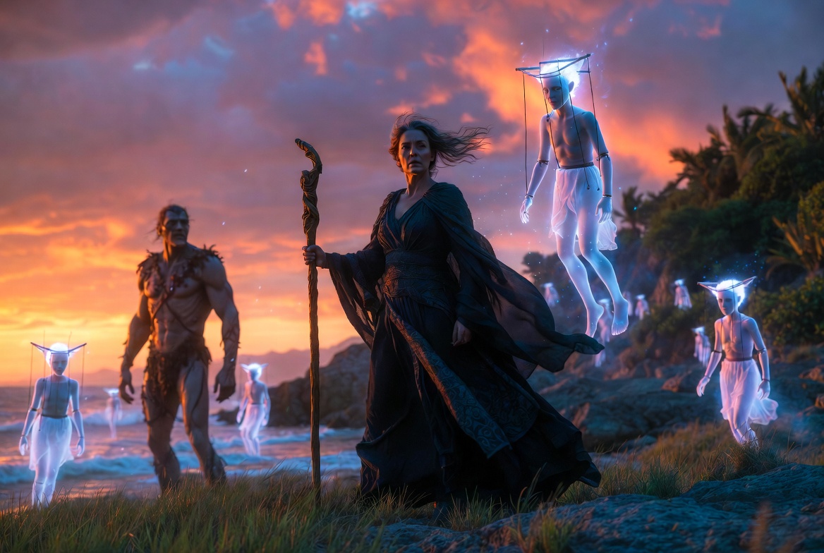 Julie Taymor film adaptation of The Tempest with Helen Mirren as Prospera, Ariel puppets, and Caliban on the island