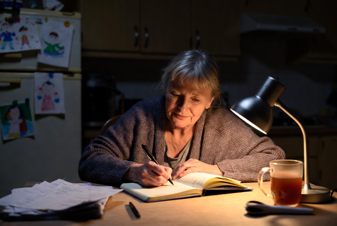 Julie Noble writing late at night in her Yorkshire kitchen – working-class author journey and literary determination