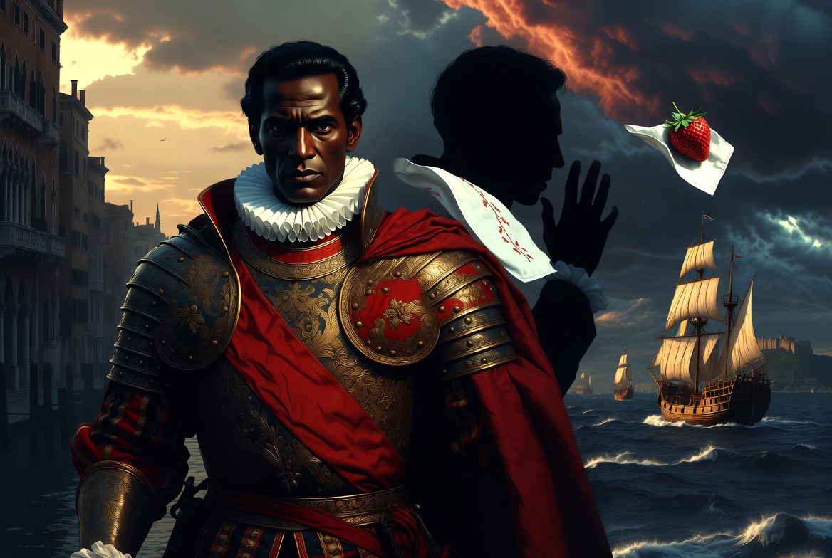 Othello outline plot summary illustration showing the Moorish general, Desdemona, and Iago in Venice and Cyprus setting from Shakespeare’s tragedy