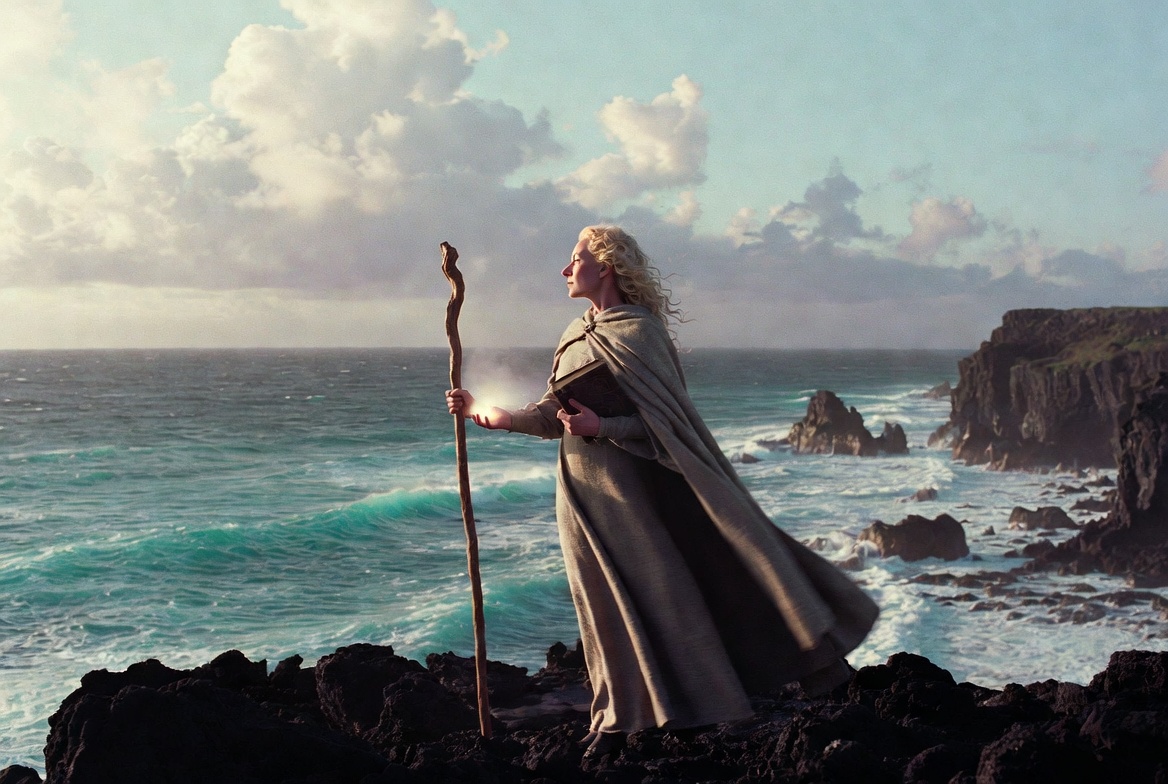 Helen Mirren as Prospera renouncing magic on volcanic cliff at sunrise in The Tempest 2010