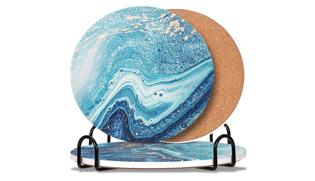 3-Pcs 7'' Ceramic Marble Style Trivet with Holder, Absorbent Trivets for Hot Dishes, Cork Bottom Anti-Slip Trivet Mats for Hot Pots and Pans