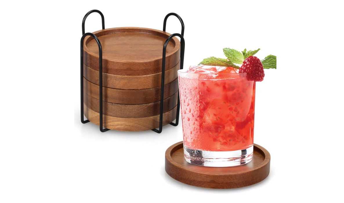 6 Pcs Best Wooden Coasters with Holder Coffee Table Decor Acacia Wood Coaster Set Modern Cup Coaster for Drink Home Dining Table Kitchen Accessories Cute...