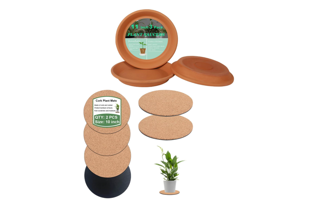 10 Inch Cork Plant Mat and 11 Inch Terracotta Pot Plant Saucer - 2 Pack Large Cork Plant Coasters and 3 pcs Large Round Plant Pot Saucers, Great for Plants,...