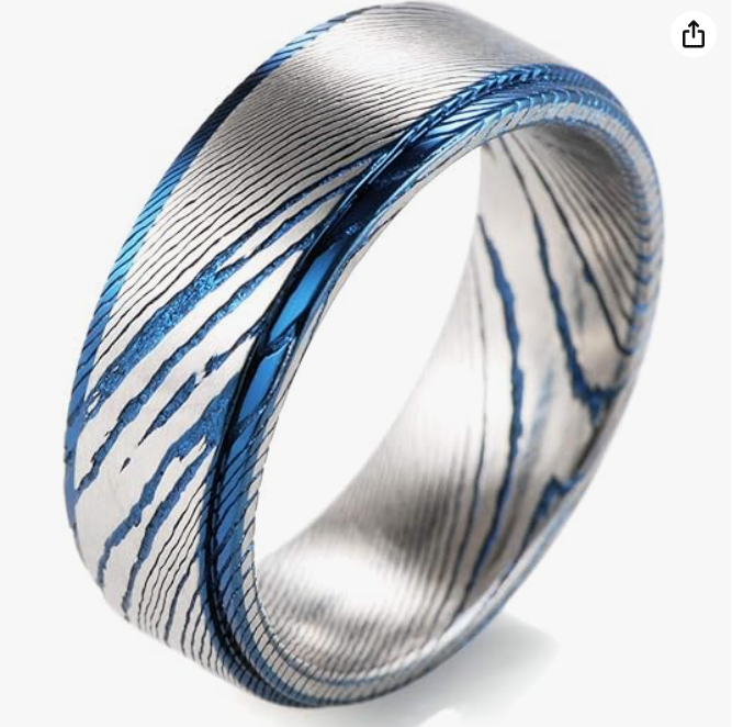 Men's 8mm Blue Damascus Steel Ring Step Edge Wedding Band
