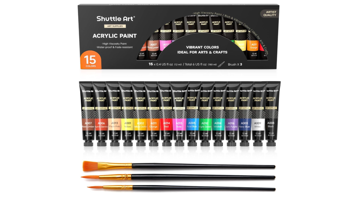 Shuttle Art Acrylic Paint Set, 15 x 12ml Tubes Artist Quality Non Toxic Rich Pigments Colors Perfect for Kids Adults Beginners Artists Painting on Canvas... 