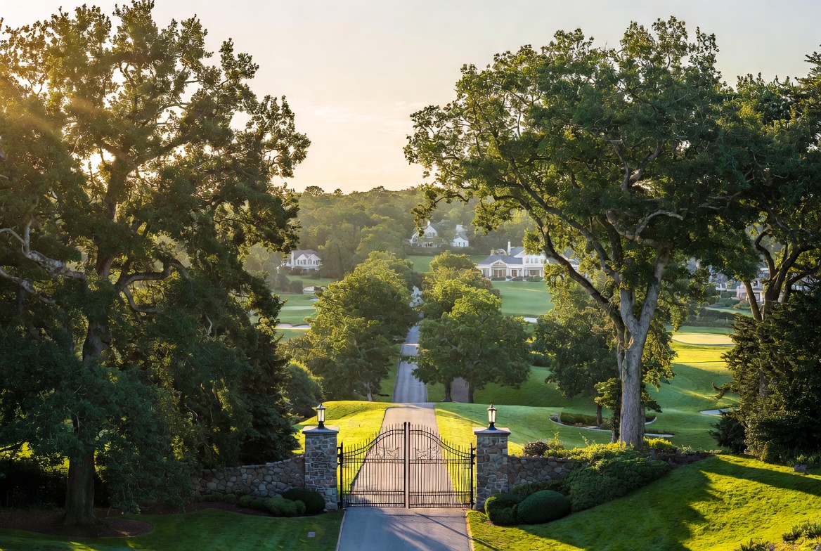 The Hamlet Golf and Country Club gated entrance and luxury community overlooking the golf course in Commack NY