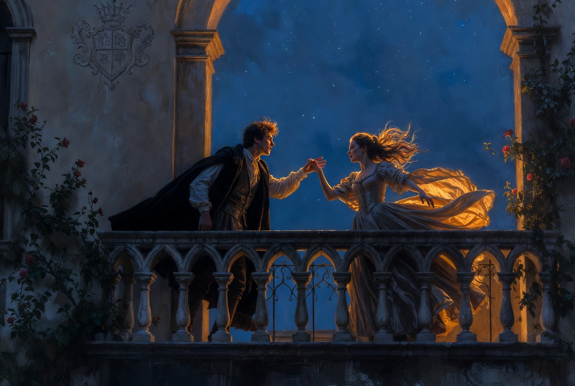 Romeo and Juliet balcony scene illustrating Shakespeare romantic love and perils of passion