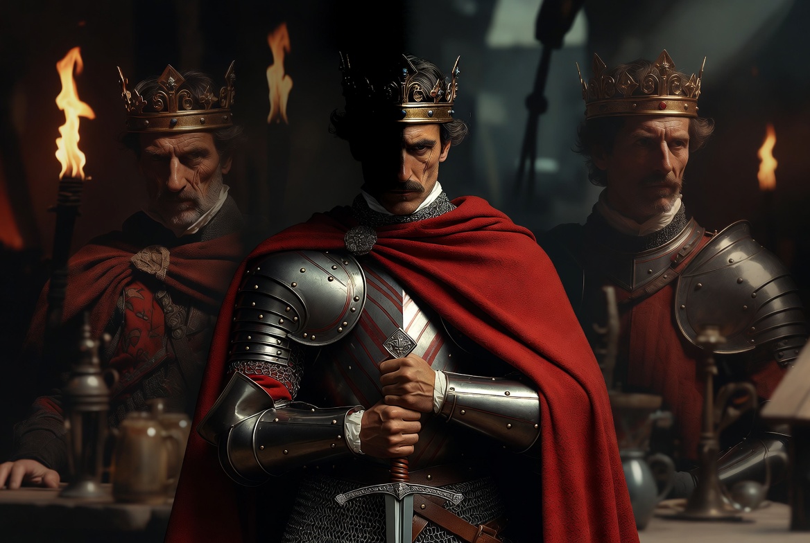 King Henry V veiled mysterious portrait in armor with Falstaff ghost