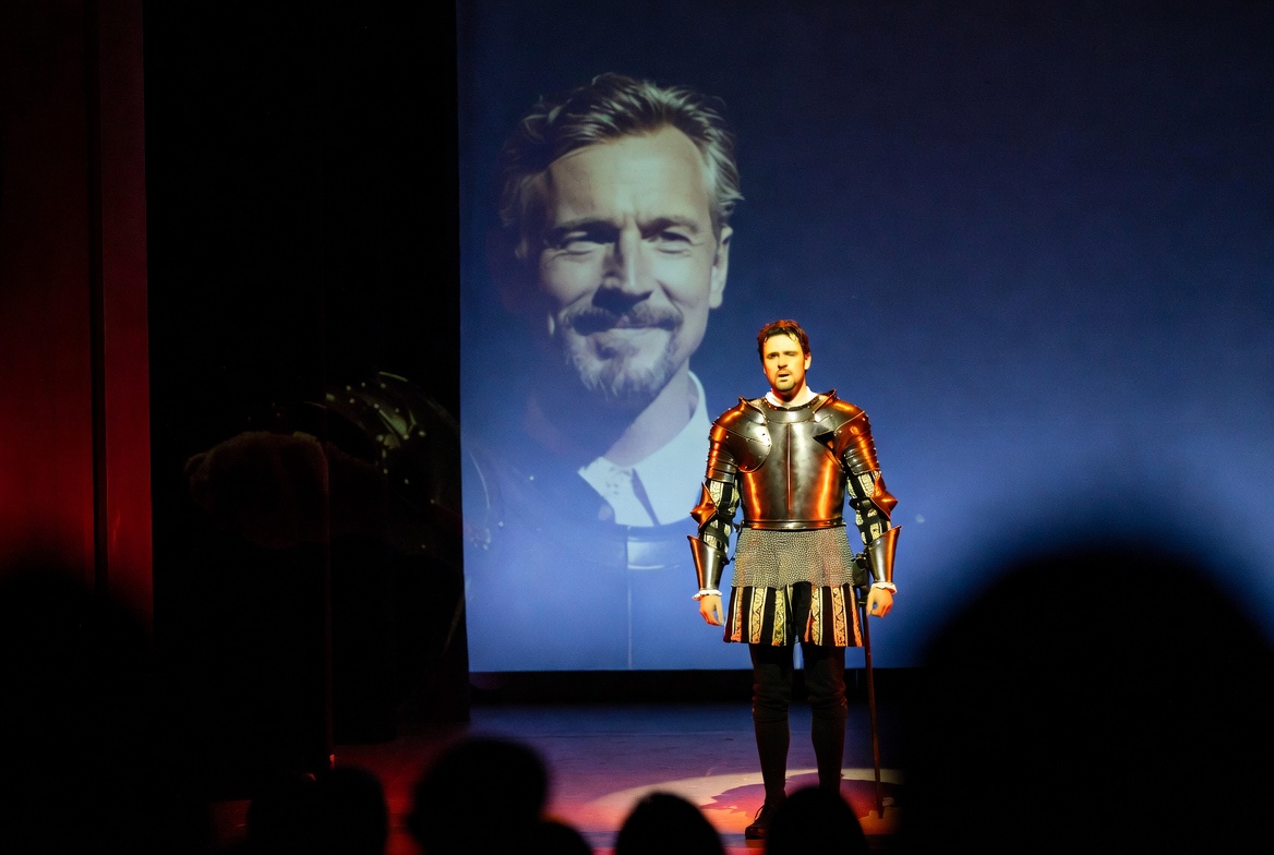 Modern theater performance of Shakespeare Henry V with Falstaff ghost