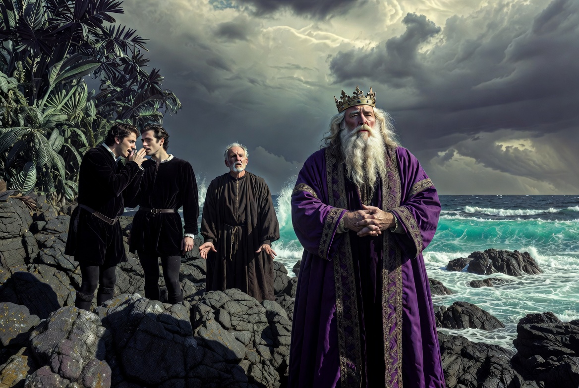 Shipwrecked nobles Alonso, Antonio, Sebastian and Gonzalo from The Tempest on Prospero’s island
