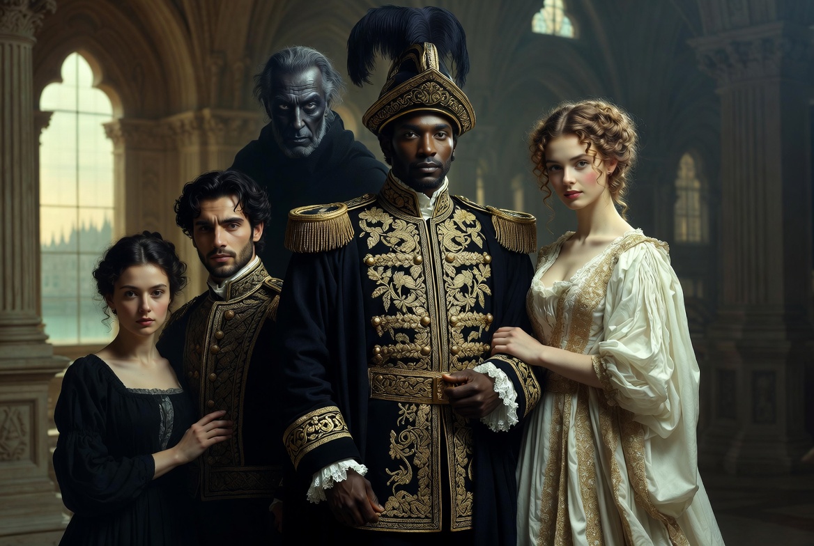 Major characters analysis illustration from Othello outline showing Othello, Iago, Desdemona, Emilia, and Cassio in Shakespeare’s play