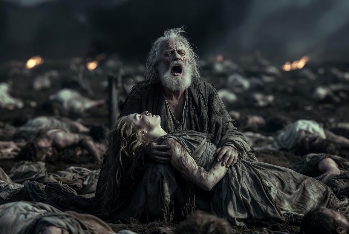 King Lear holding Cordelia’s body in the final scene – heartbreaking ending of the plot of King Lear